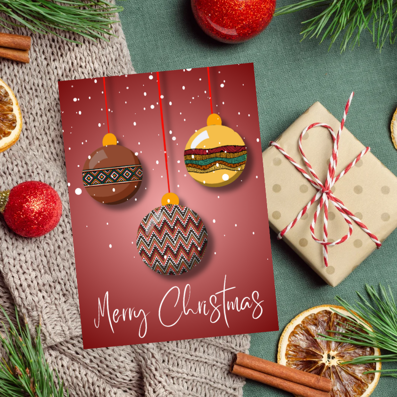 Merry Christmas Card - African Print Baubles
