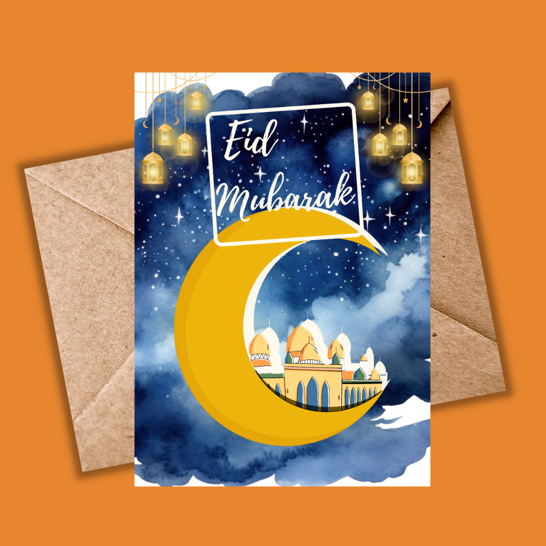 Eid Mubarak Card— Crescent Moon & Geometric Pattern